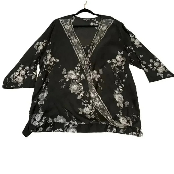 Tolani Collection Black Floral Sheer Blouse Kimono Style 3/4 Arm Womens Size 2X - Picture 1 of 6